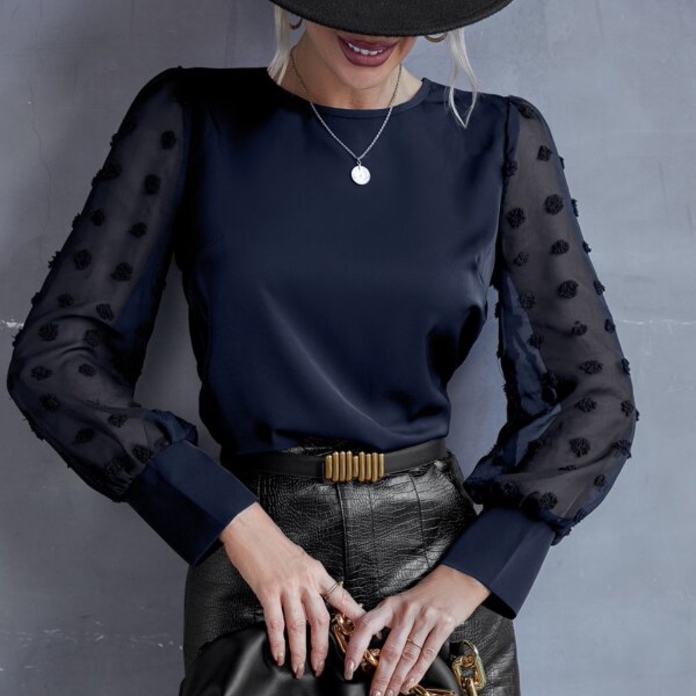 Navy blue Swiss Dot Sheer Sleeve Chic Blouse Work Minimalist - Picture 1 of 8